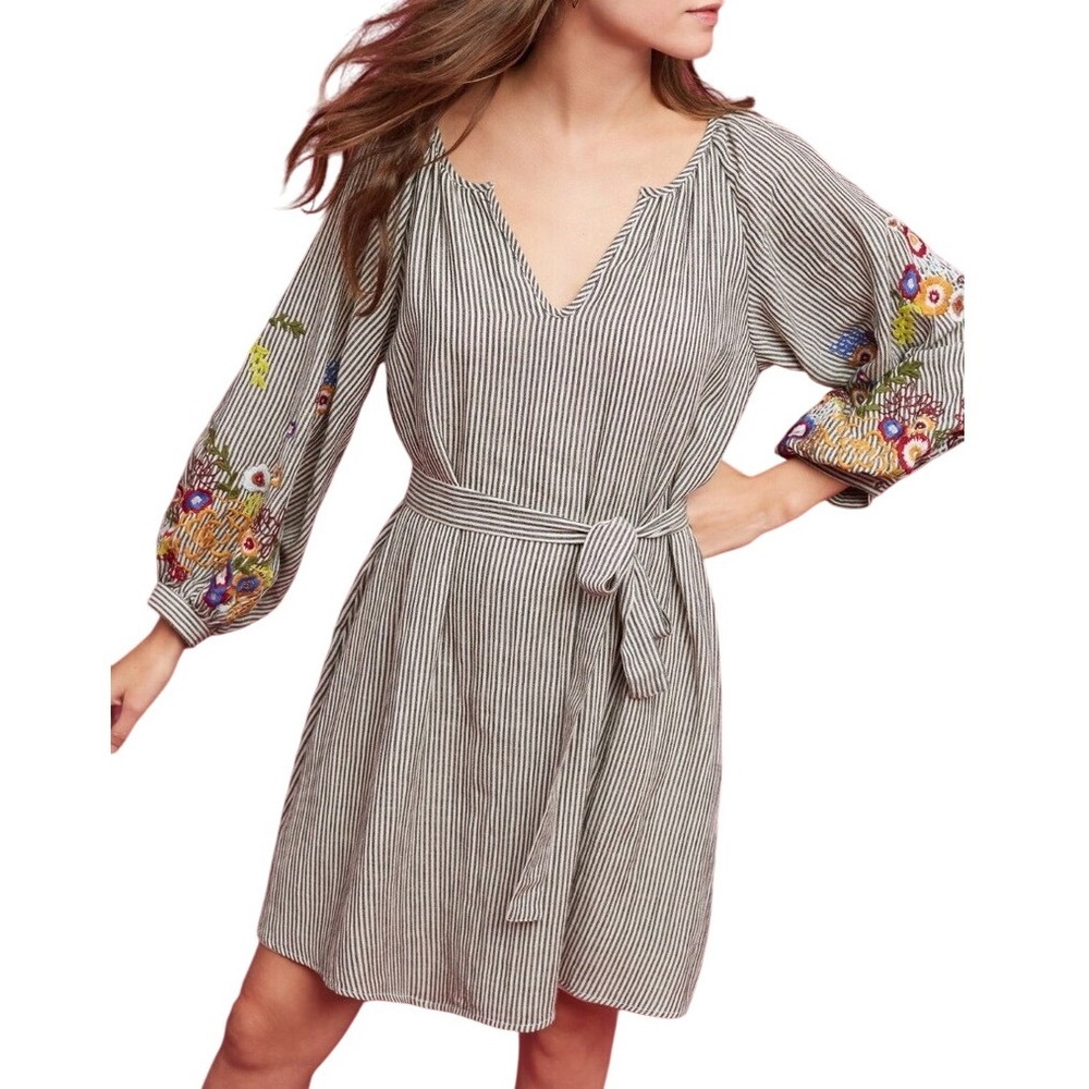 Anthropologie Feather Bone Dress XS Lindsay Floral Embroidered Tied Puff Sleeve